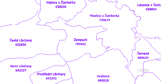 Katastrální mapa Žampach - přehledová mapa katastrálního území