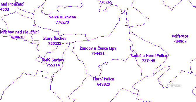 Katastrální mapa Žandov u České Lípy - přehledová mapa katastrálního území