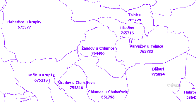 Katastrální mapa Žandov u Chlumce - přehledová mapa katastrálního území