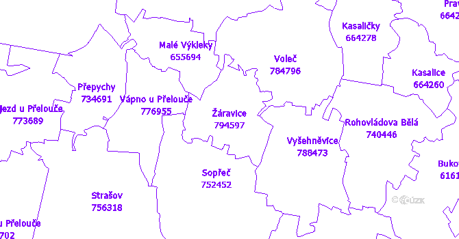Katastrální mapa Žáravice - přehledová mapa katastrálního území