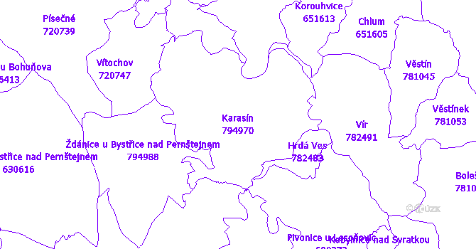 Katastrální mapa Karasín - přehledová mapa katastrálního území