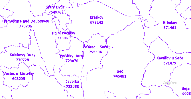 Katastrální mapa Žďárec u Seče - přehledová mapa katastrálního území
