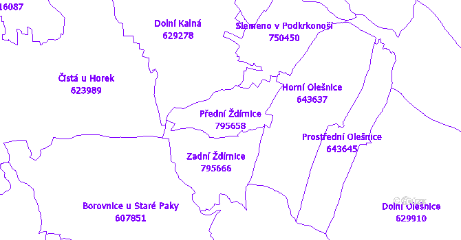 Katastrální mapa Přední Ždírnice - přehledová mapa katastrálního území