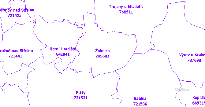 Katastrální mapa Žebnice - přehledová mapa katastrálního území