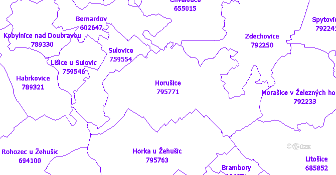 Katastrální mapa Horušice - přehledová mapa katastrálního území