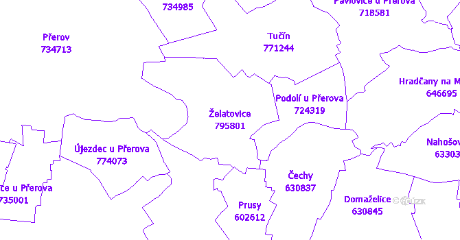 Katastrální mapa Želatovice - přehledová mapa katastrálního území