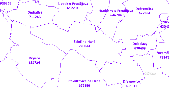 Katastrální mapa Želeč na Hané - přehledová mapa katastrálního území