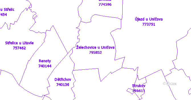 Katastrální mapa Želechovice u Uničova - přehledová mapa katastrálního území