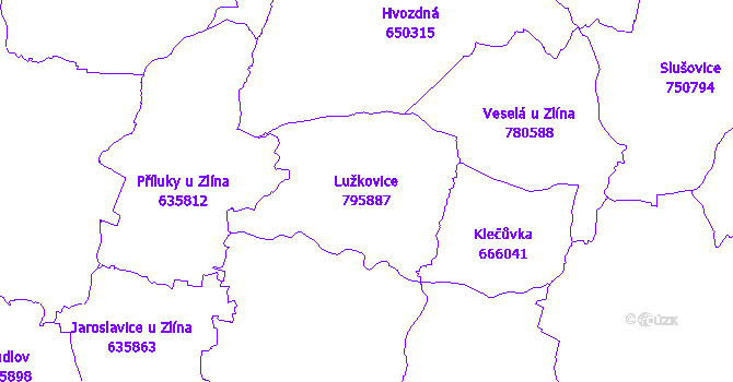 Katastrální mapa Lužkovice - přehledová mapa katastrálního území