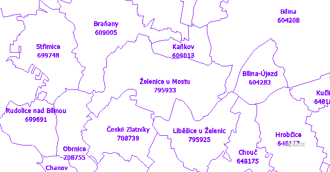 Katastrální mapa Želenice u Mostu - přehledová mapa katastrálního území