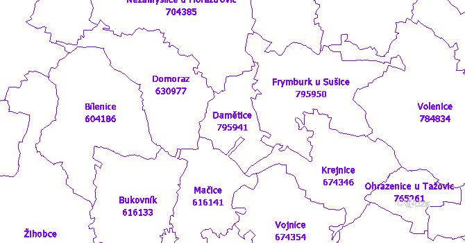 Katastrální mapa Damětice - přehledová mapa katastrálního území