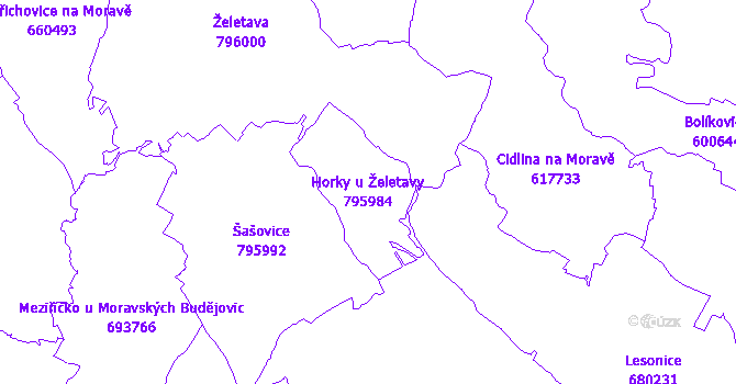Katastrální mapa Horky u Želetavy - přehledová mapa katastrálního území
