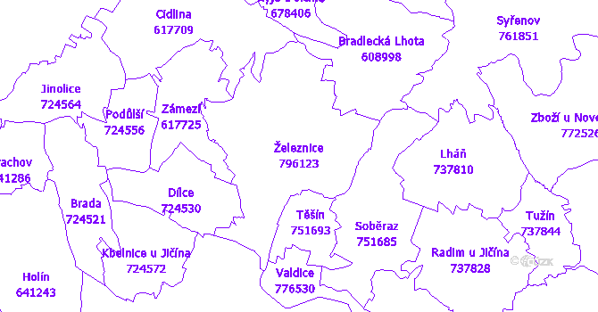 Katastrální mapa Železnice - přehledová mapa katastrálního území