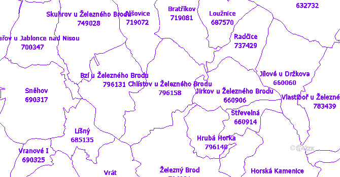 Katastrální mapa Chlístov u Železného Brodu - přehledová mapa katastrálního území