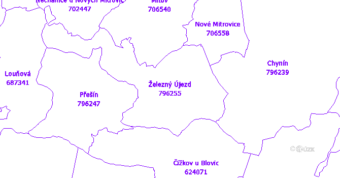 Katastrální mapa Železný Újezd - přehledová mapa katastrálního území