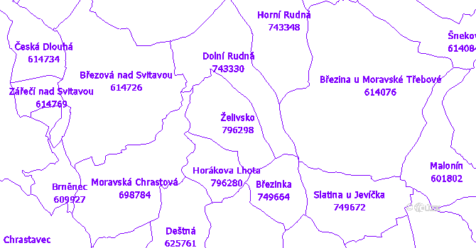 Katastrální mapa Želivsko - přehledová mapa katastrálního území