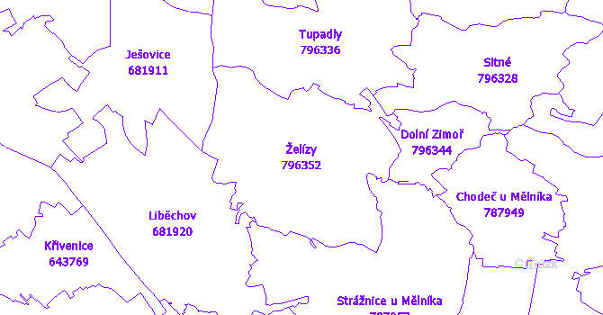 Katastrální mapa Želízy - přehledová mapa katastrálního území