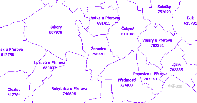 Katastrální mapa Žeravice - přehledová mapa katastrálního území