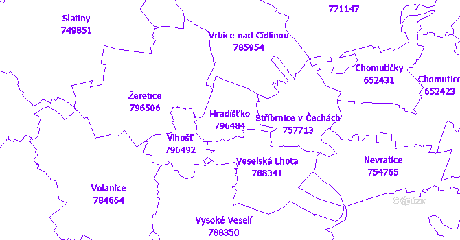 Katastrální mapa Hradíšťko - přehledová mapa katastrálního území