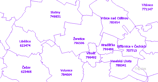 Katastrální mapa Žeretice - přehledová mapa katastrálního území