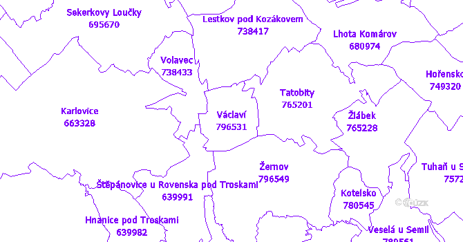 Katastrální mapa Václaví - přehledová mapa katastrálního území