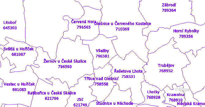Katastrální mapa Všeliby - přehledová mapa katastrálního území