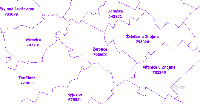 Katastrální mapa Žerotice - přehledová mapa katastrálního území