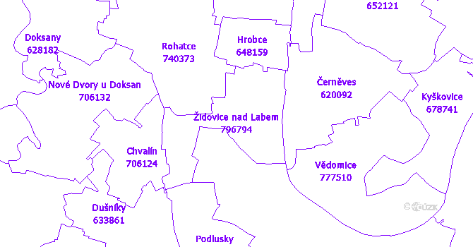 Katastrální mapa Židovice nad Labem - přehledová mapa katastrálního území