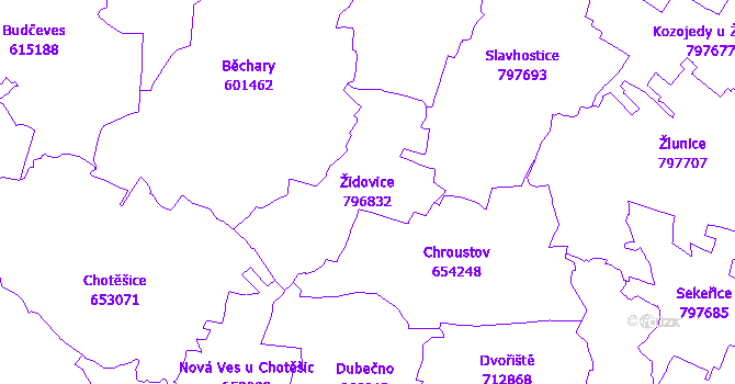 Katastrální mapa Židovice - přehledová mapa katastrálního území