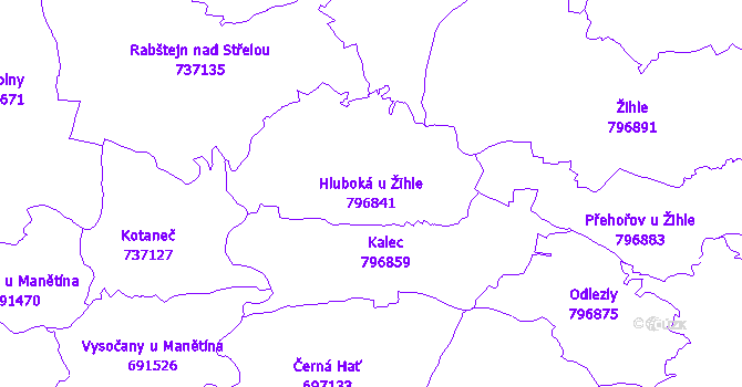 Katastrální mapa Hluboká u Žihle - přehledová mapa katastrálního území