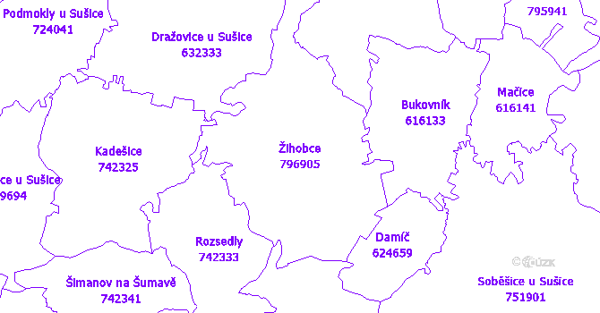 Katastrální mapa Žihobce - přehledová mapa katastrálního území
