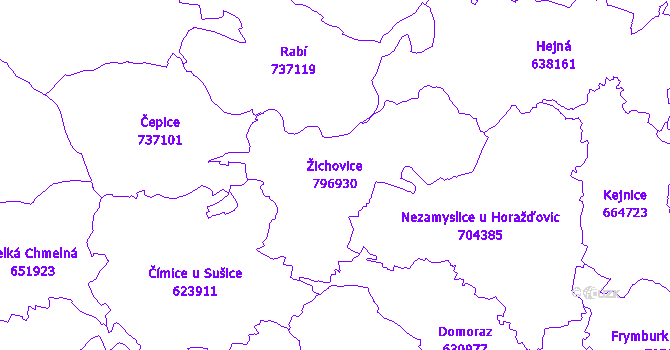 Katastrální mapa Žichovice - přehledová mapa katastrálního území
