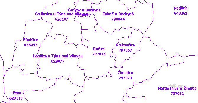 Katastrální mapa Bečice - přehledová mapa katastrálního území