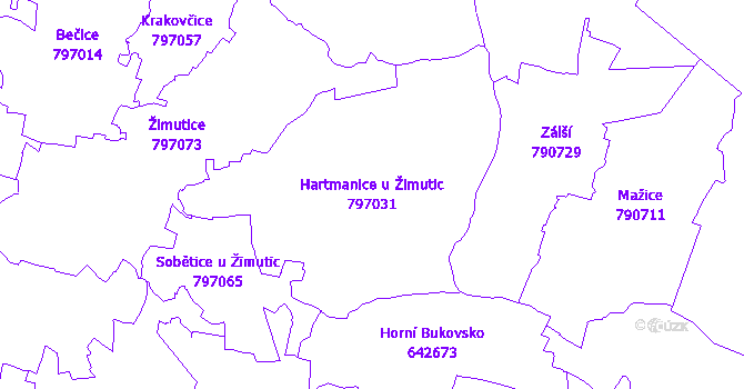 Katastrální mapa Hartmanice u Žimutic - přehledová mapa katastrálního území