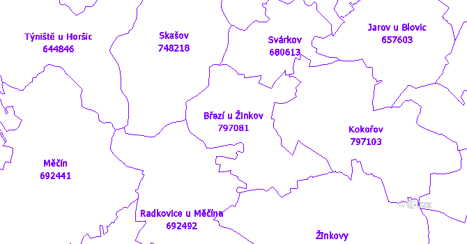 Katastrální mapa Březí u Žinkov - přehledová mapa katastrálního území