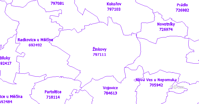 Katastrální mapa Žinkovy - přehledová mapa katastrálního území