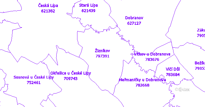 Katastrální mapa Žizníkov - přehledová mapa katastrálního území
