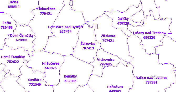 Katastrální mapa Želkovice - přehledová mapa katastrálního území