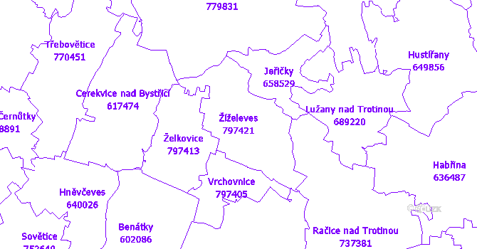 Katastrální mapa Žíželeves - přehledová mapa katastrálního území