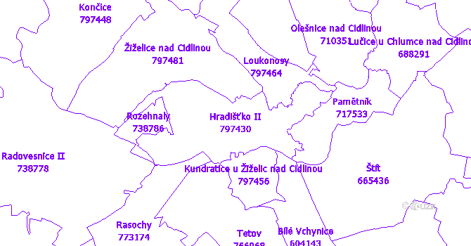 Katastrální mapa Hradišťko II - přehledová mapa katastrálního území