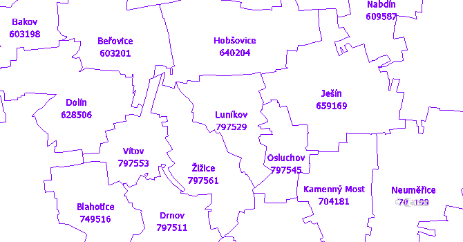 Katastrální mapa Luníkov - přehledová mapa katastrálního území