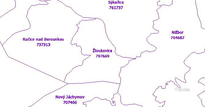 Katastrální mapa Žloukovice - přehledová mapa katastrálního území