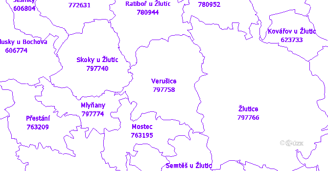 Katastrální mapa Verušice - přehledová mapa katastrálního území