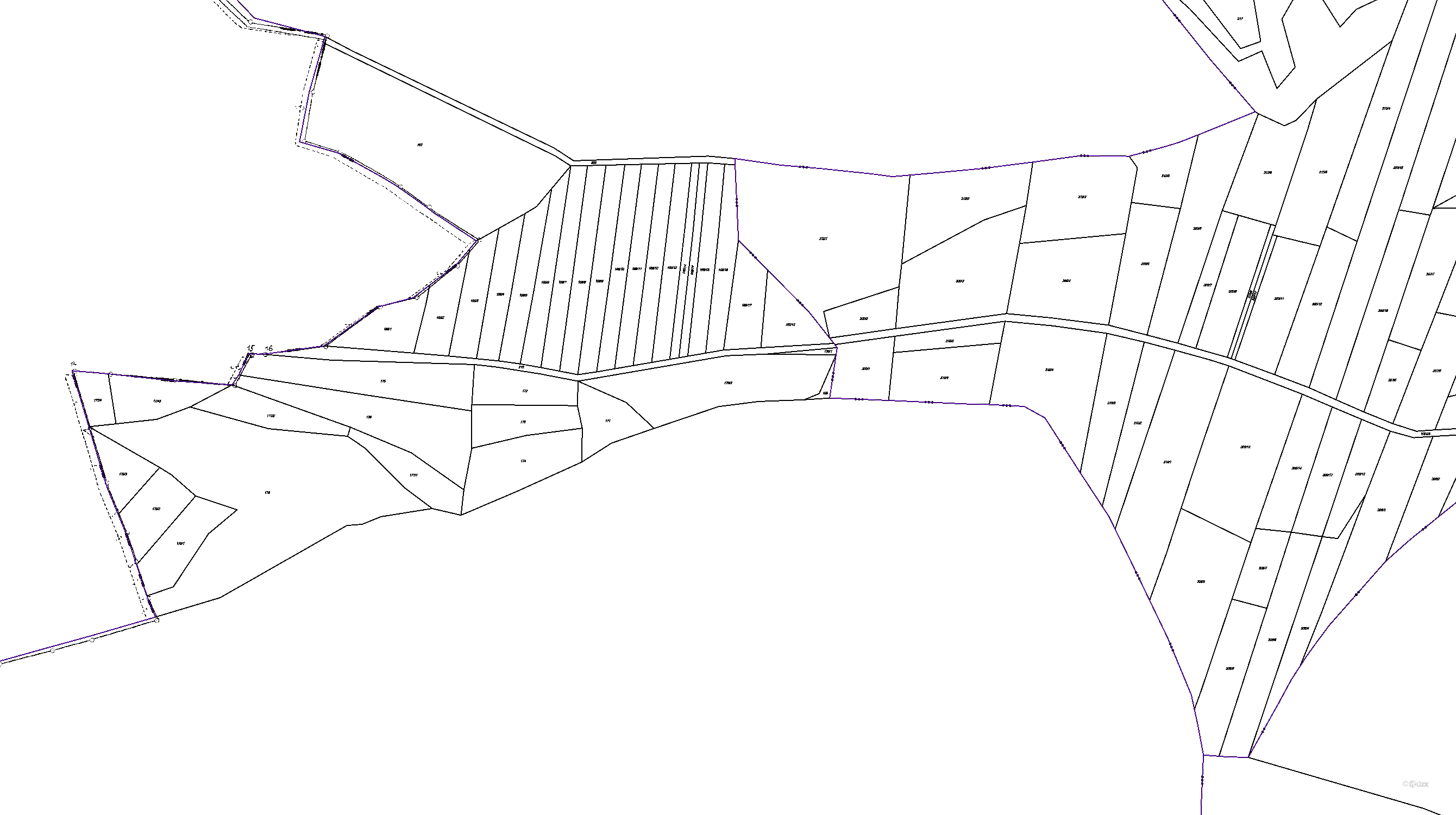 Katastrální mapa pozemků a čísla parcel Páleč u Milešova