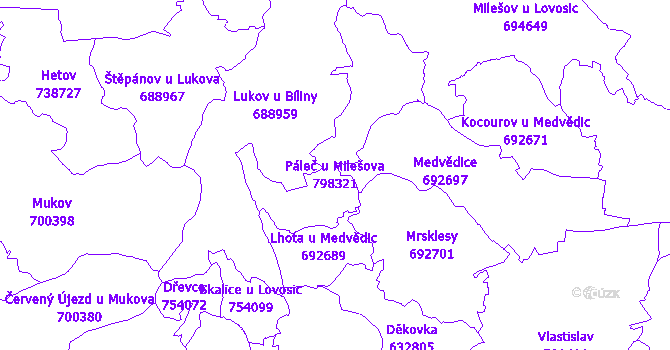 Katastrální mapa Páleč u Milešova - přehledová mapa katastrálního území