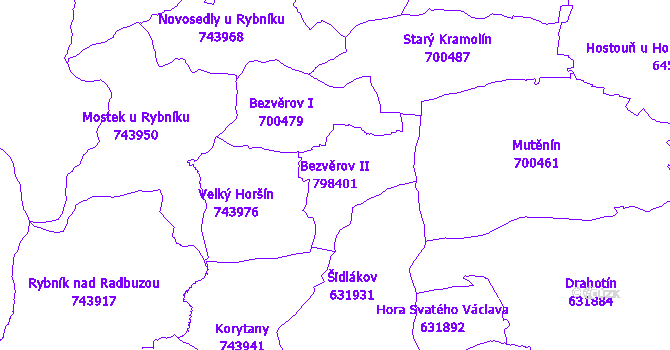 Katastrální mapa Bezvěrov II - přehledová mapa katastrálního území