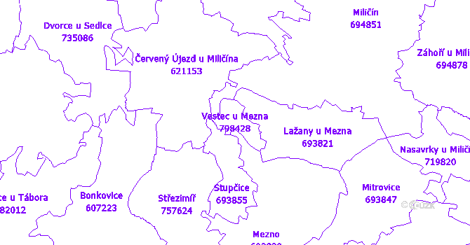 Katastrální mapa Vestec u Mezna - přehledová mapa katastrálního území
