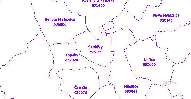 Katastrální mapa Šardičky - přehledová mapa katastrálního území