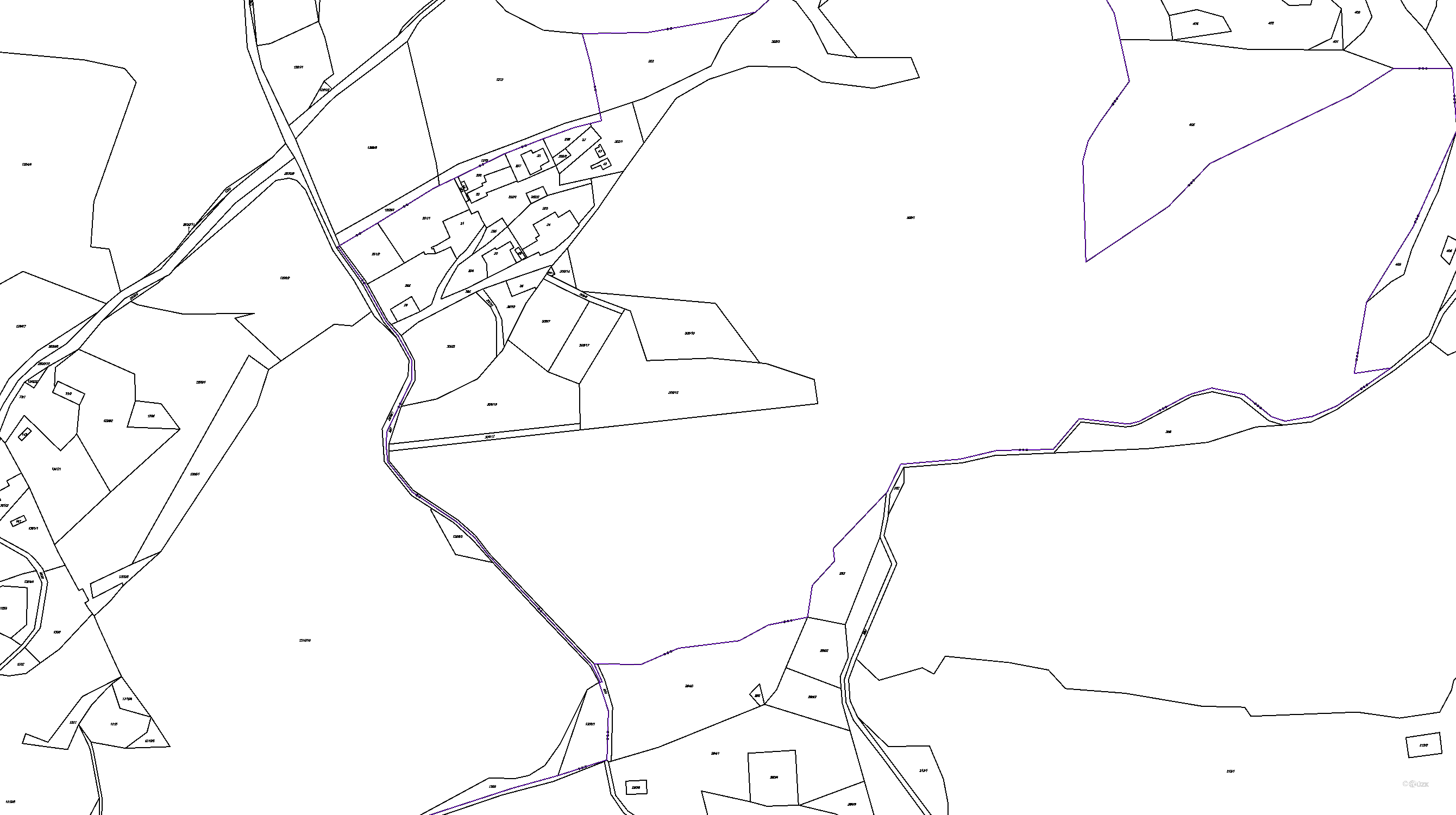 Katastrální mapa pozemků a čísla parcel Bolechovice II
