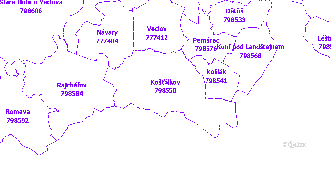 Katastrální mapa Košťálkov - přehledová mapa katastrálního území